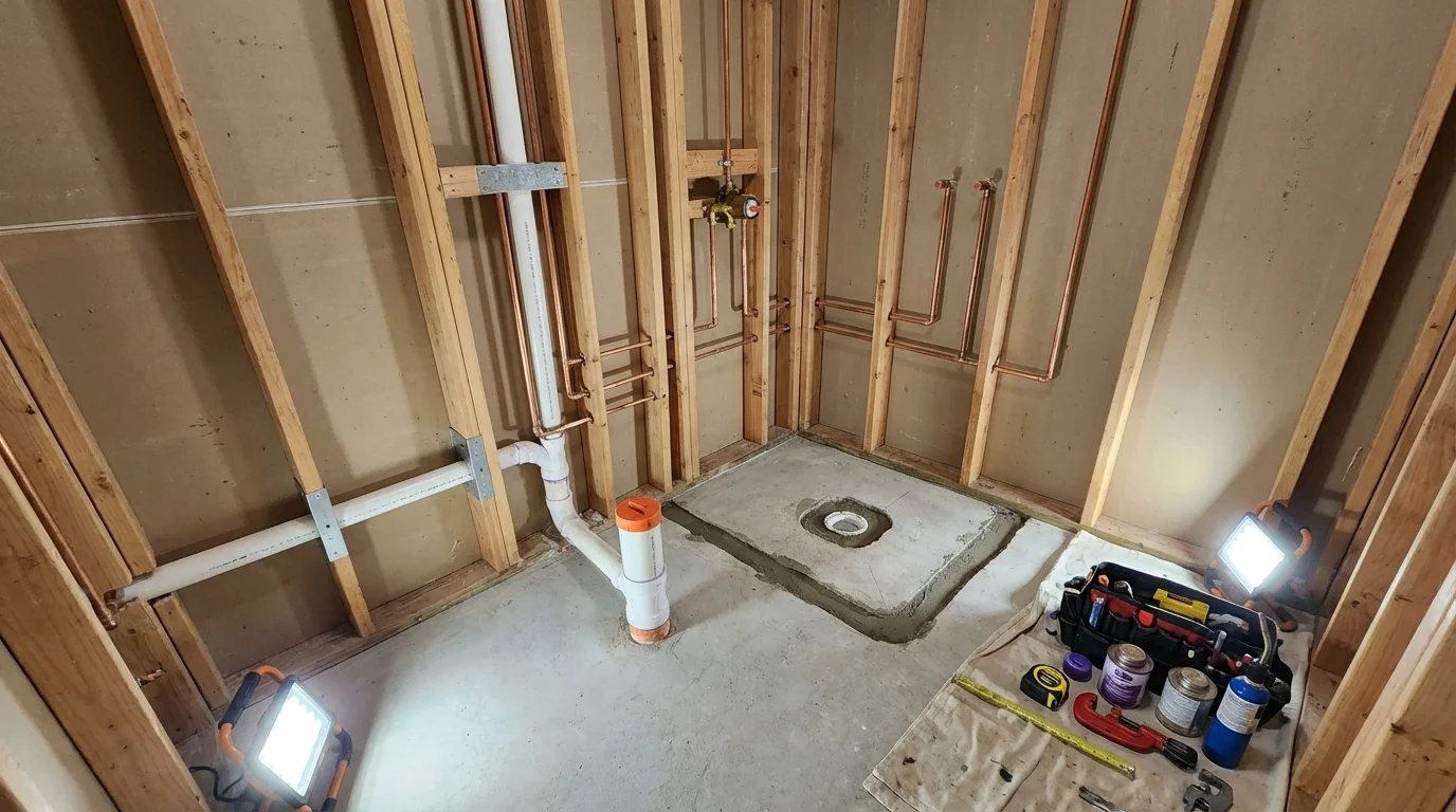 Bathroom rough-in plumbing during remodel by Johns Plumbing LLC in Okemah