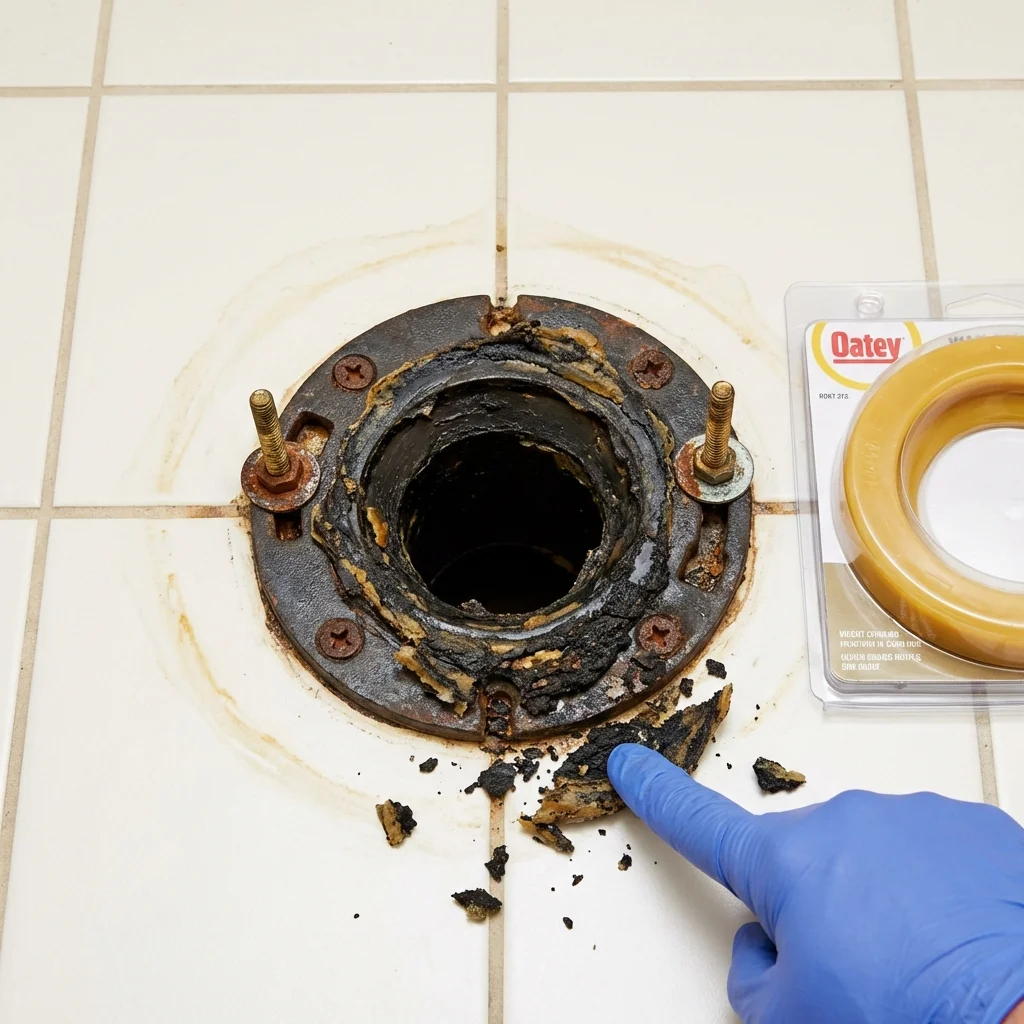 Failed wax ring showing water seepage at the base of a toilet in a Okemah, OK home