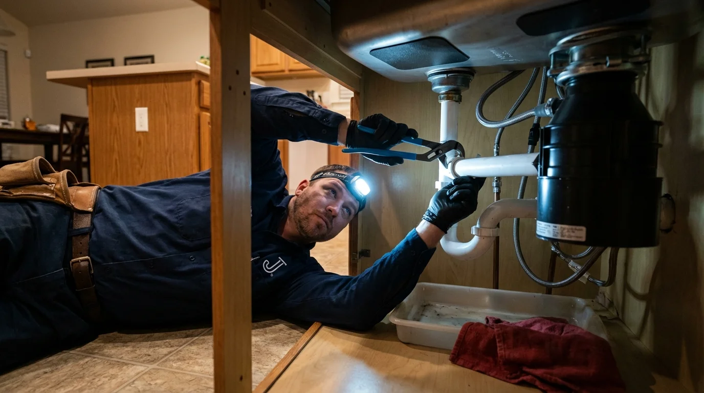 P-trap and supply line connections under a kitchen sink showing a common leak point in Okemah, OK